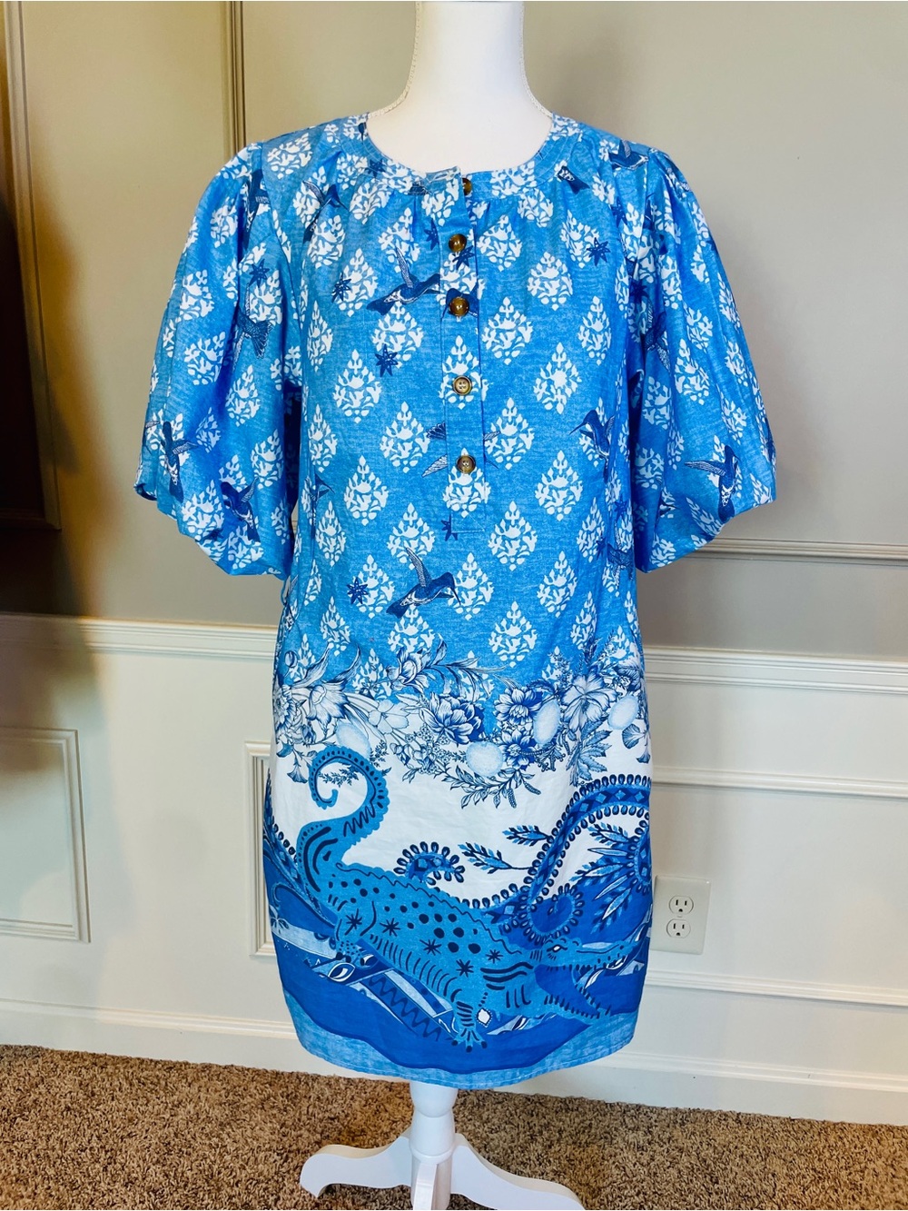 New A Loves A Midi Blue Dress Medium Cobalt Blue Bird Alligator Puff Sleeve $139